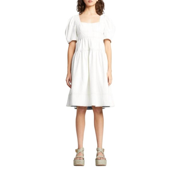 Ulla Johnson Ames Denim Midi Dress Womens 0 White Wash Short Sleeve Tiered ALine - Picture 1 of 14